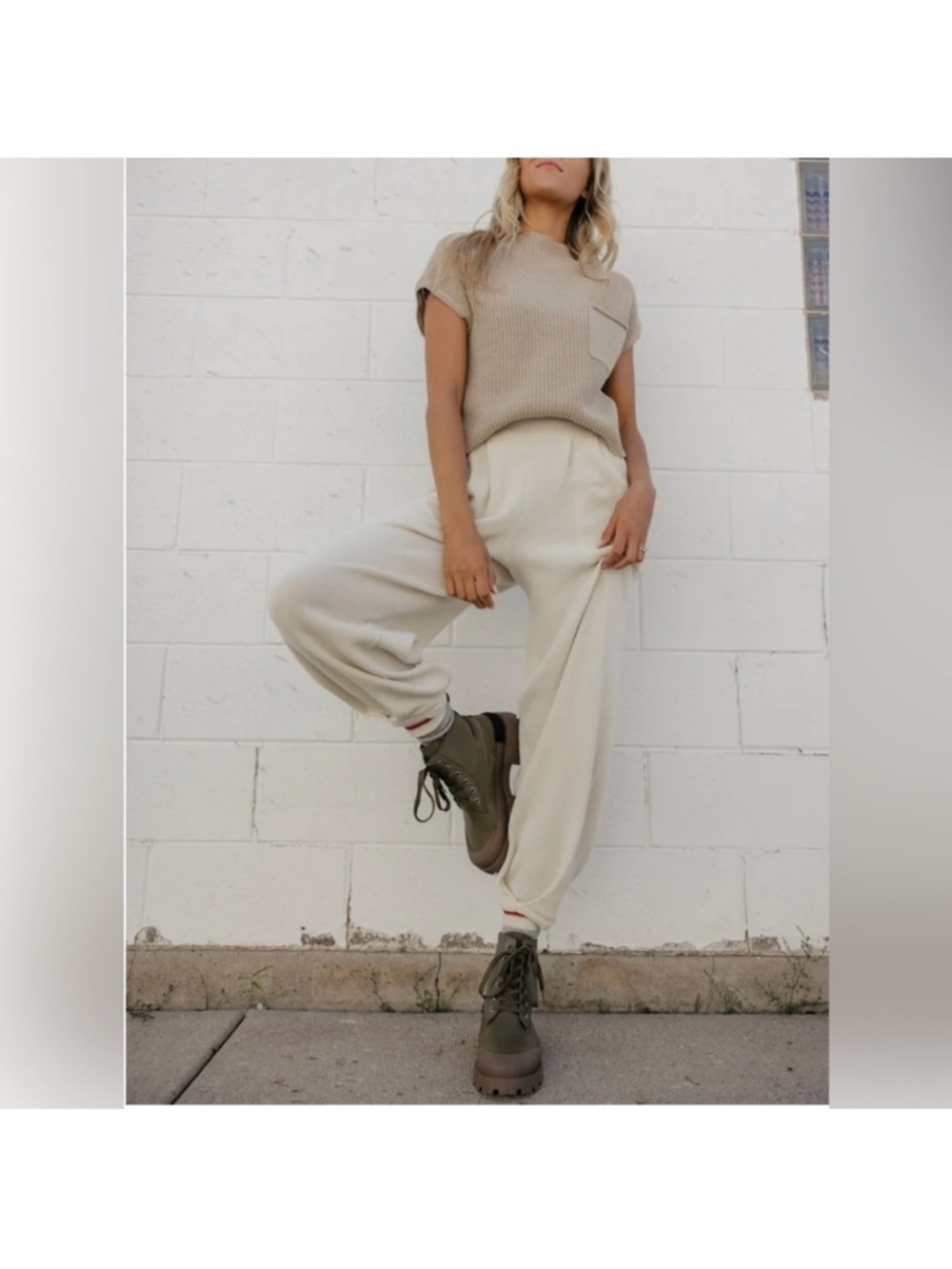 FP Beach Free People Cream Knit Lounge Jogger Pants Medium Cozy Relaxed